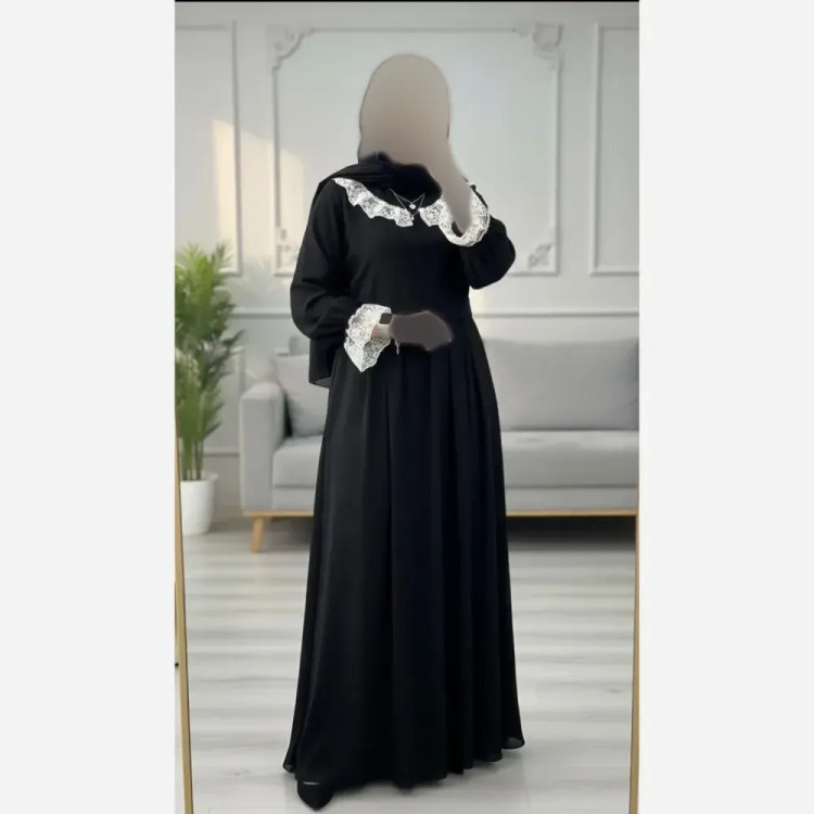 عبا یقه گیپور مشکی الیزه درجه یک فری سایز تنخور عالی وشیک کیفیت تضمینی کمربند دارد
