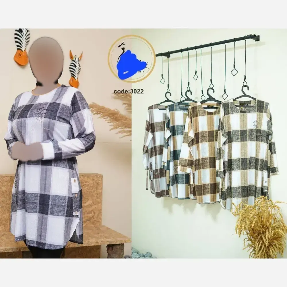 شومیز یقه گرد چهارخونه زنانه جنس پلاس خارجی سایز 38 تا 46