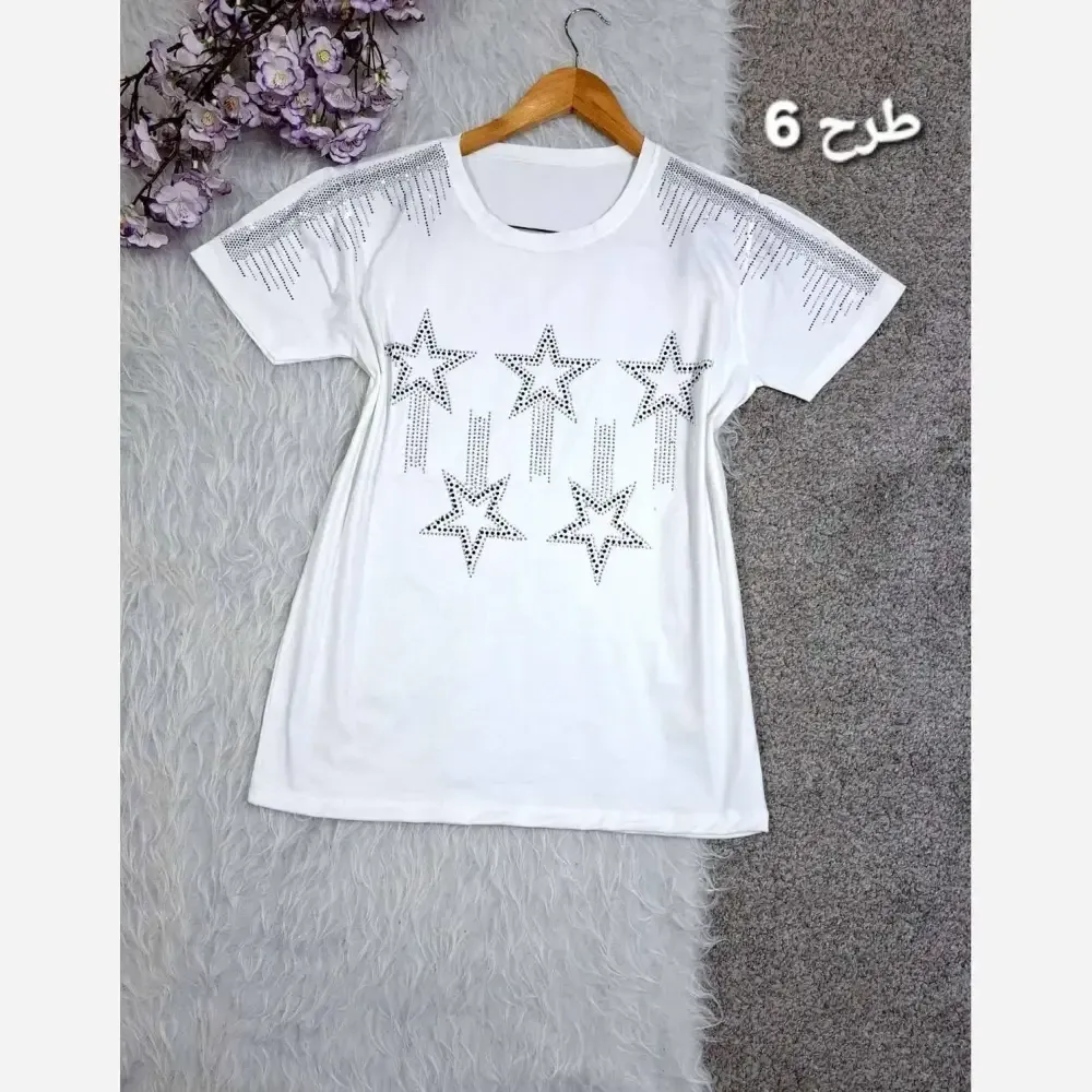تیشرت زنانه نگین دار جنس نخ پنبه سایز 38 تا 46 رنگ سفید