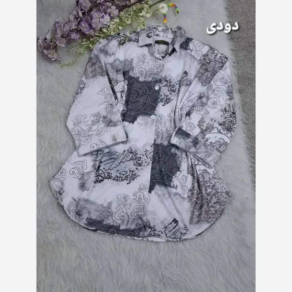شومیز مانتو کیمونو مچ پاکتی جنس لاریس طرح ابر و بادی