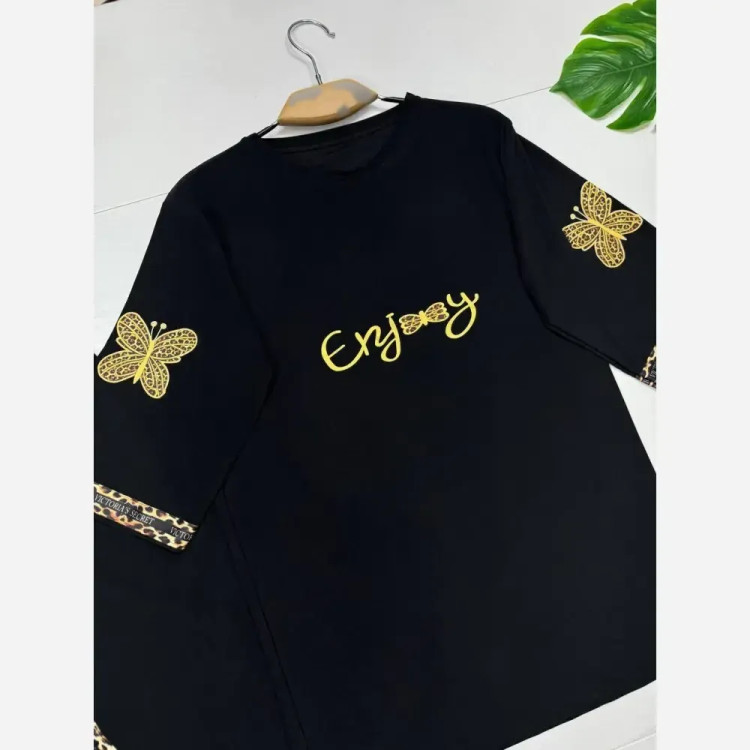 ست تیشرت و شلوار زنانه مدل enjoy جنس اسپان گلکسی رنگ مشکی فری سایز 38 تا 46