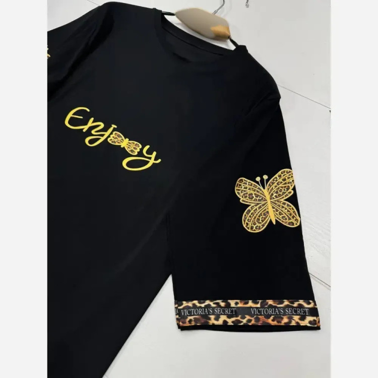 ست تیشرت و شلوار زنانه مدل enjoy جنس اسپان گلکسی رنگ مشکی فری سایز 38 تا 46
