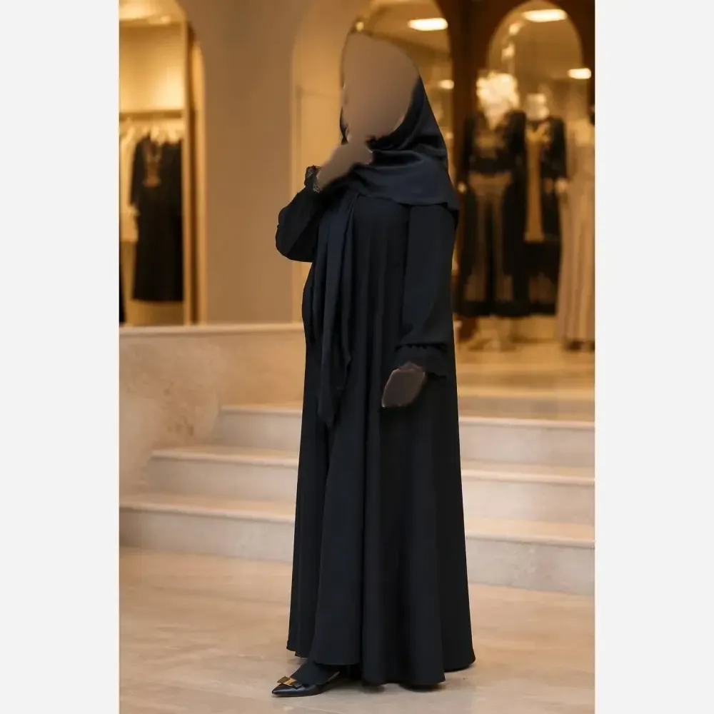 عبای زنانه مدل ثریا جنس الیزه مشکی با مچ گیپور