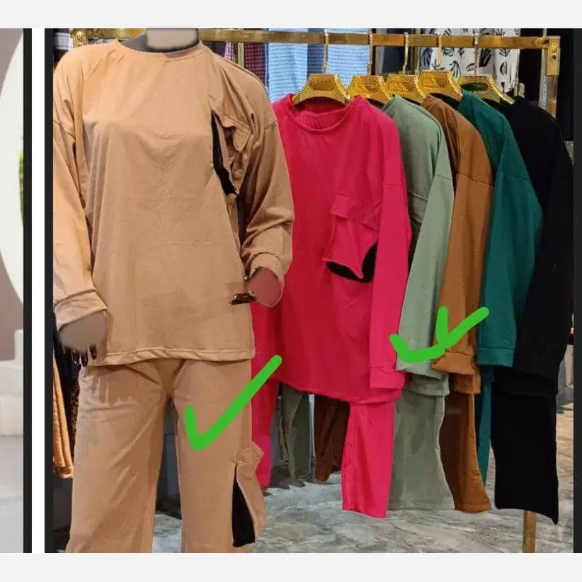 ست بلوز و شلوار زنانه بغل جیب جنس نخ پنبه سایز بزرگ مناسب 38 تا 48