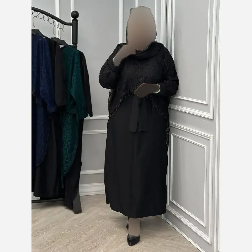 ست دوتیکه مجلسی زنانه مدل رویال سارافن بوگاتی با رویه دانتل مشکی سایز فری 38 تا 48