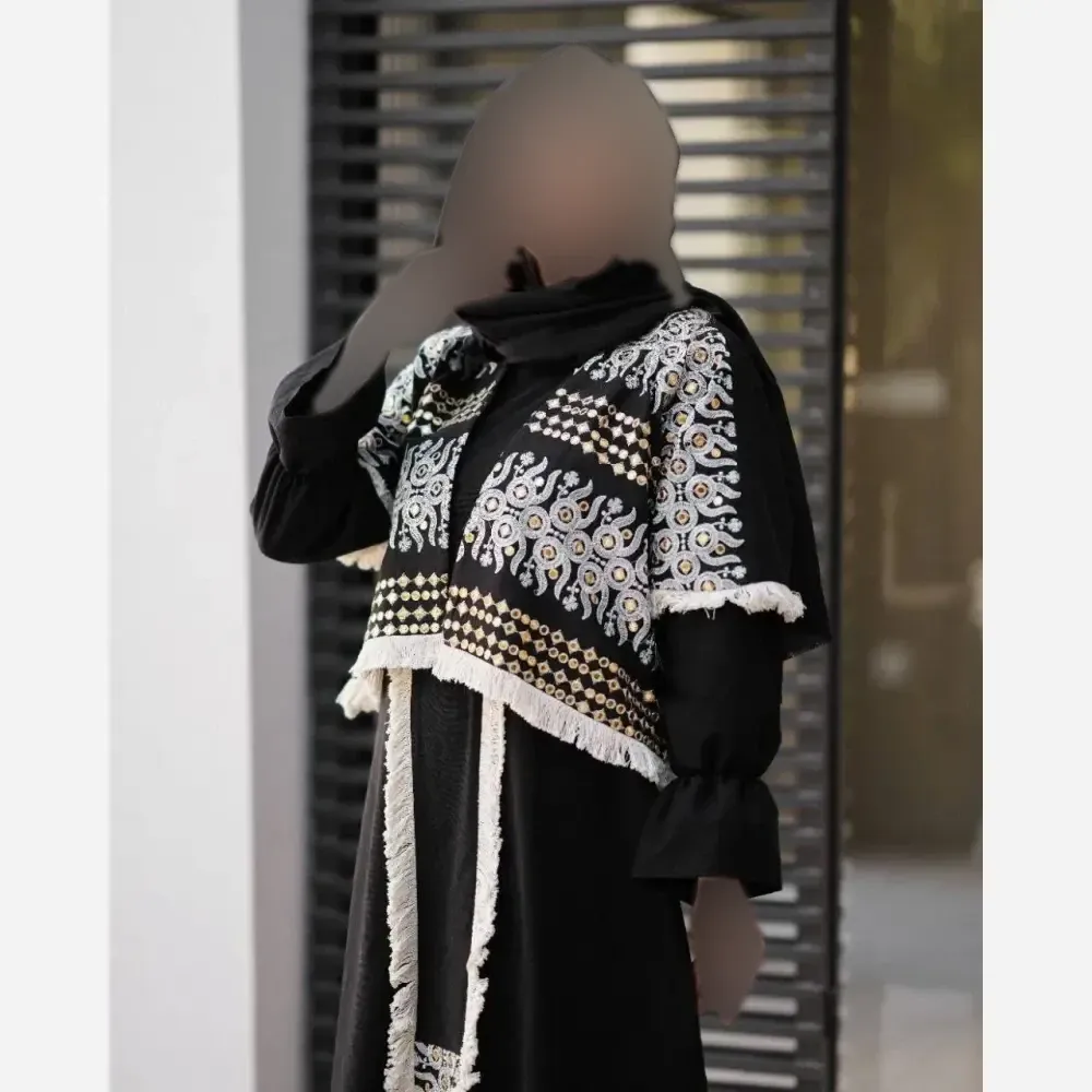 ست دوتیکه پانچ و پیراهن زنانه جنس لنین و کرسپو سوزن دوزی هندی رنگ مشکی قد 120