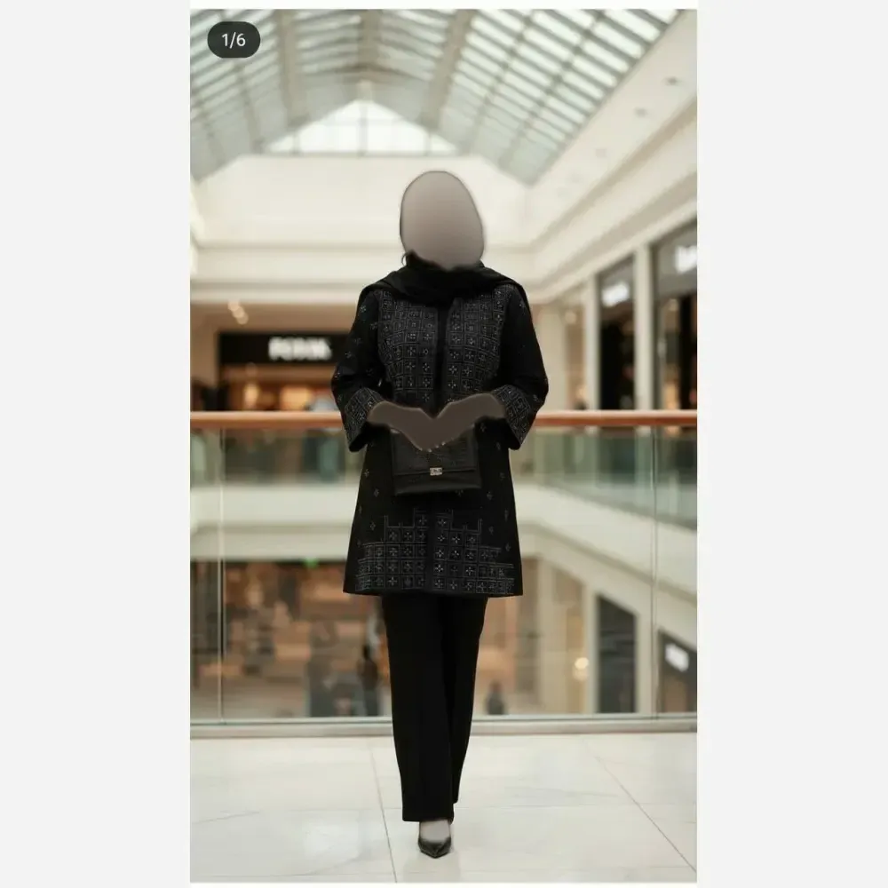 ست مانتو شلوار مجلسی زنانه مدل فیروزه جنس کرپ مازراتی مشکی سایز بزرگ