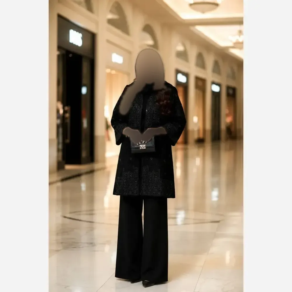ست مانتو شلوار مجلسی زنانه مدل فیروزه جنس کرپ مازراتی مشکی سایز بزرگ