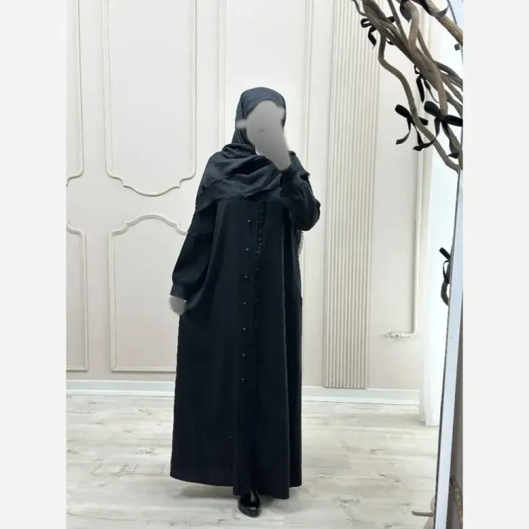 مانتو عبایی جیب دار مدل آفاق جنس کرپ ندا اماراتی مشکی