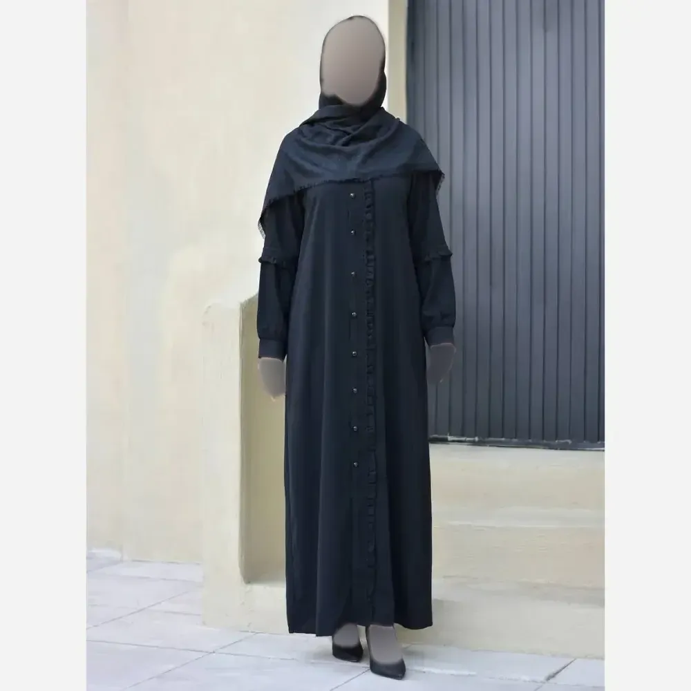 مانتو عبایی جیب دار مدل آفاق جنس کرپ ندا اماراتی مشکی