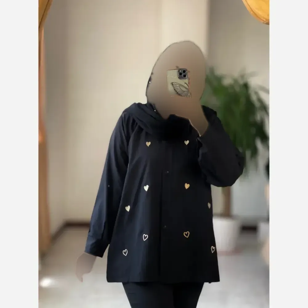 مانتو قوارهدار زنانه طرح قلب گلدوزی شده جنس ویسکوز نخ رنگ مشکی سایز فری 40 تا 48 (2)