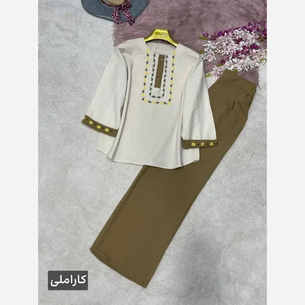 ست شومیز و شلوار گلدوزی لاوین جنس لنین و صوفیا فری سایز 38 تا 46