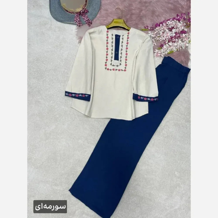 ست شومیز و شلوار گلدوزی لاوین جنس لنین و صوفیا فری سایز 38 تا 46