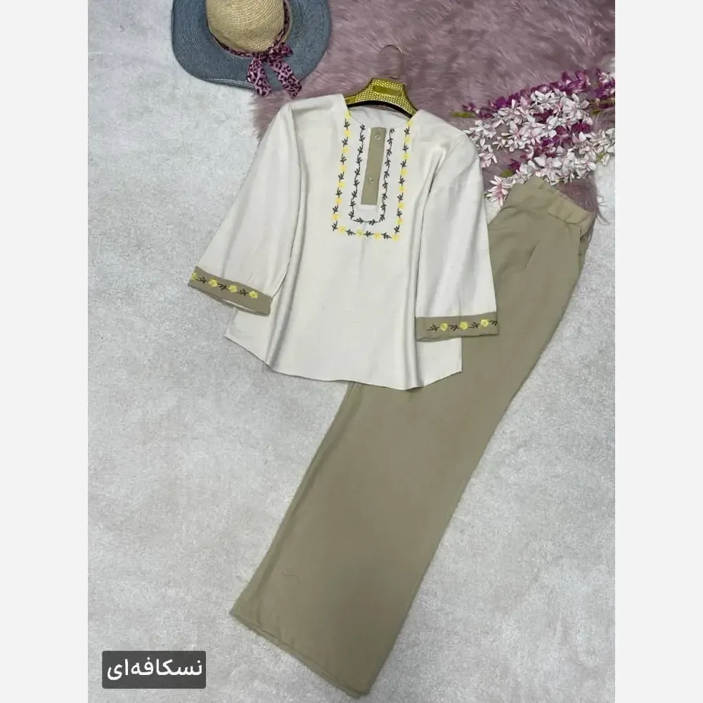 ست شومیز و شلوار گلدوزی لاوین جنس لنین و صوفیا فری سایز 38 تا 46