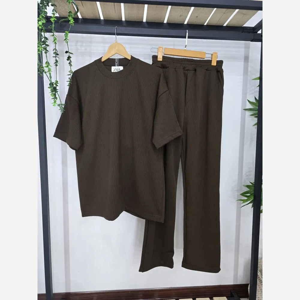 ست تیشرت و شلوار مردانه یقه گرد آرسام جنس فتیله ای کبریتی سایز فری