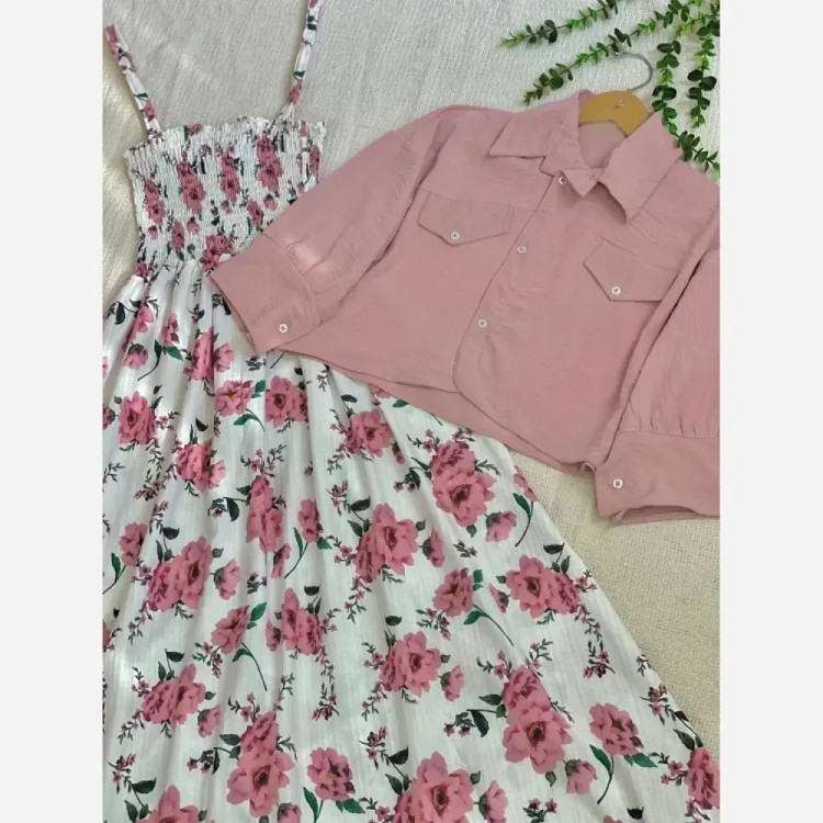 ست کت و سارافون زنانه مدل سودا جنس شانتون کریشه طرحدار و ابروبادی رنگ صورتی فری سایز