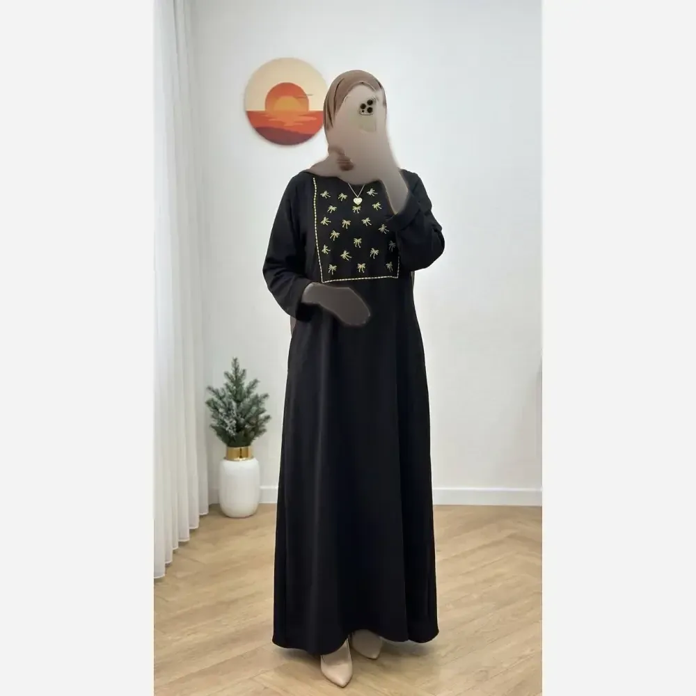 کفتان زنانه مدل پاپیونی جنس شانتون رنگ مشکی فری سایز