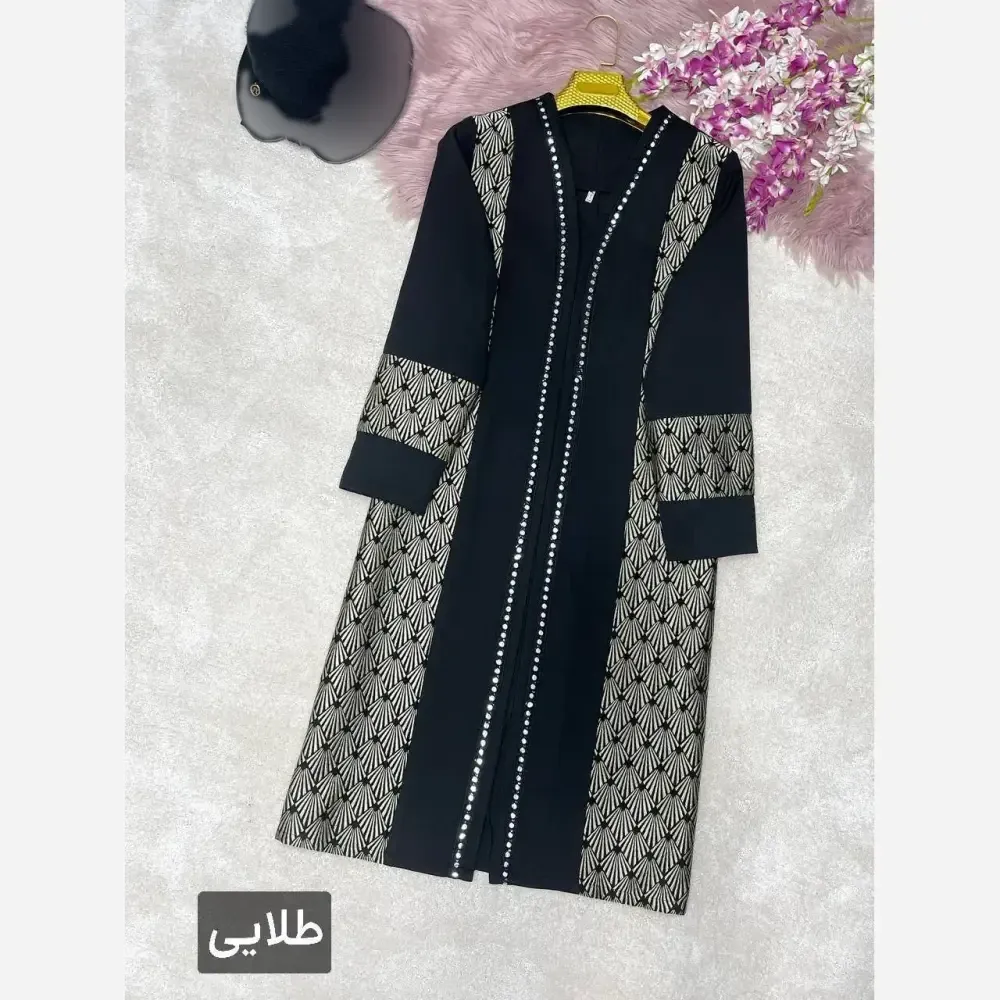 مانتو مجلسی زنانه مدل صدف جنس کرپ مازراتی با خرجکار تافته رنگ طلایی سایز 38 تا 50