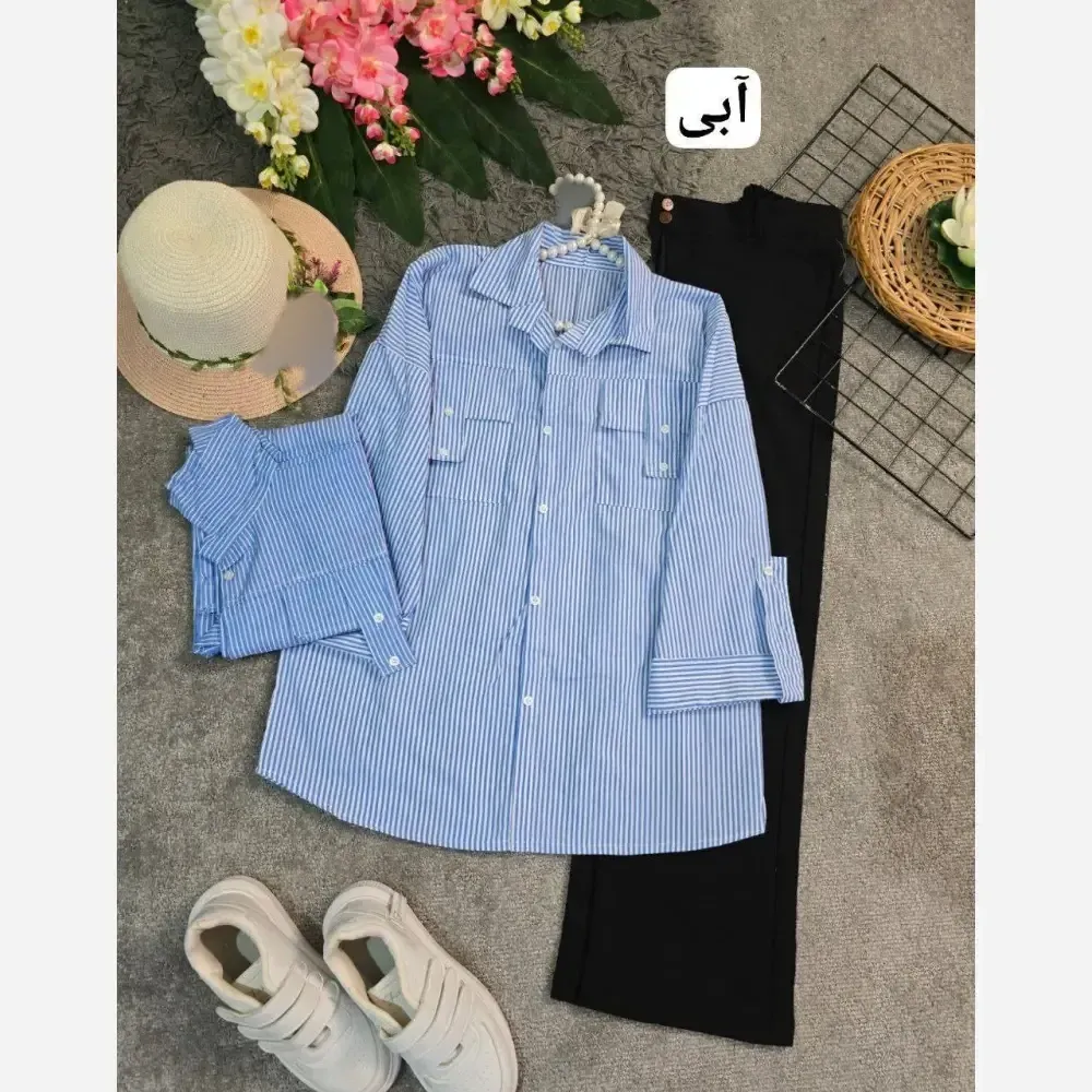 شومیز زنانه نخی راه راه مدل جیب صلیبی فری سایز 36 تا 46