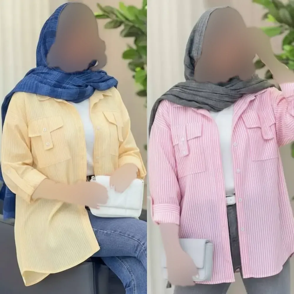 شومیز زنانه نخی راه راه مدل جیب صلیبی فری سایز 36 تا 46