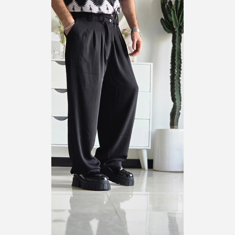 شلوار بگ پارچه ای زنانه مدل پیله دار جنس کاترین رنگ مشکی سایز L تا 3XL