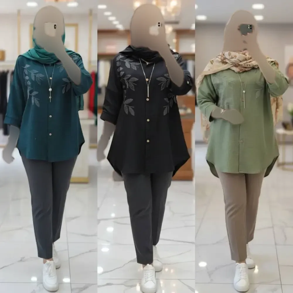 شومیز مانتویی نگینی زنانه جنس شانتون در سه رنگ و دو سایز