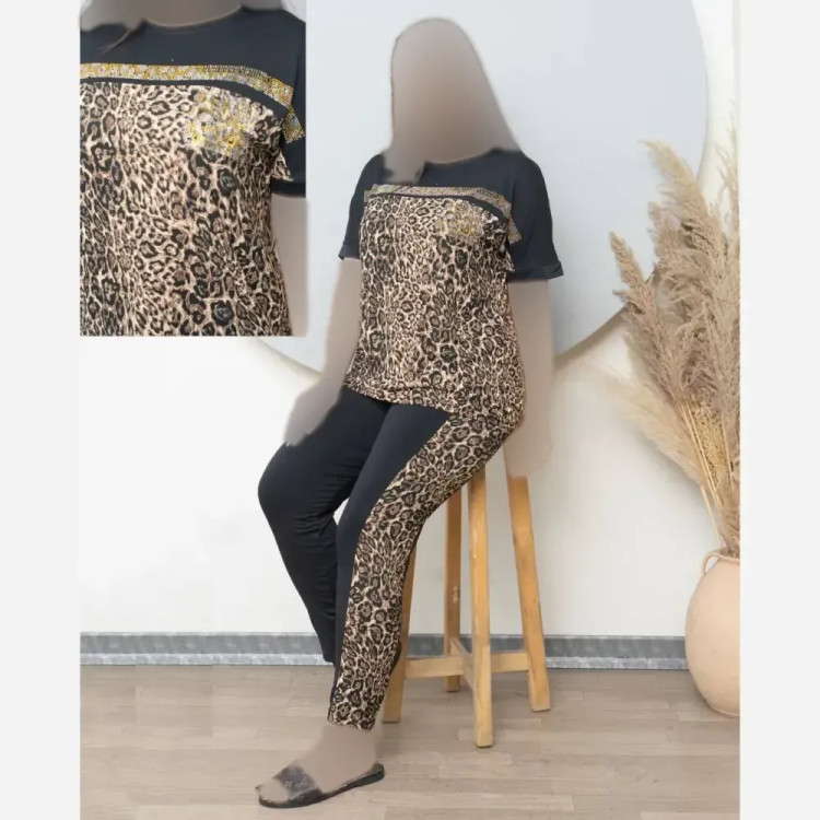 ست تیشرت و شلوار زنانه مدل زویا جنس فلامنت الیزه فول کش نگیندار فری سایز