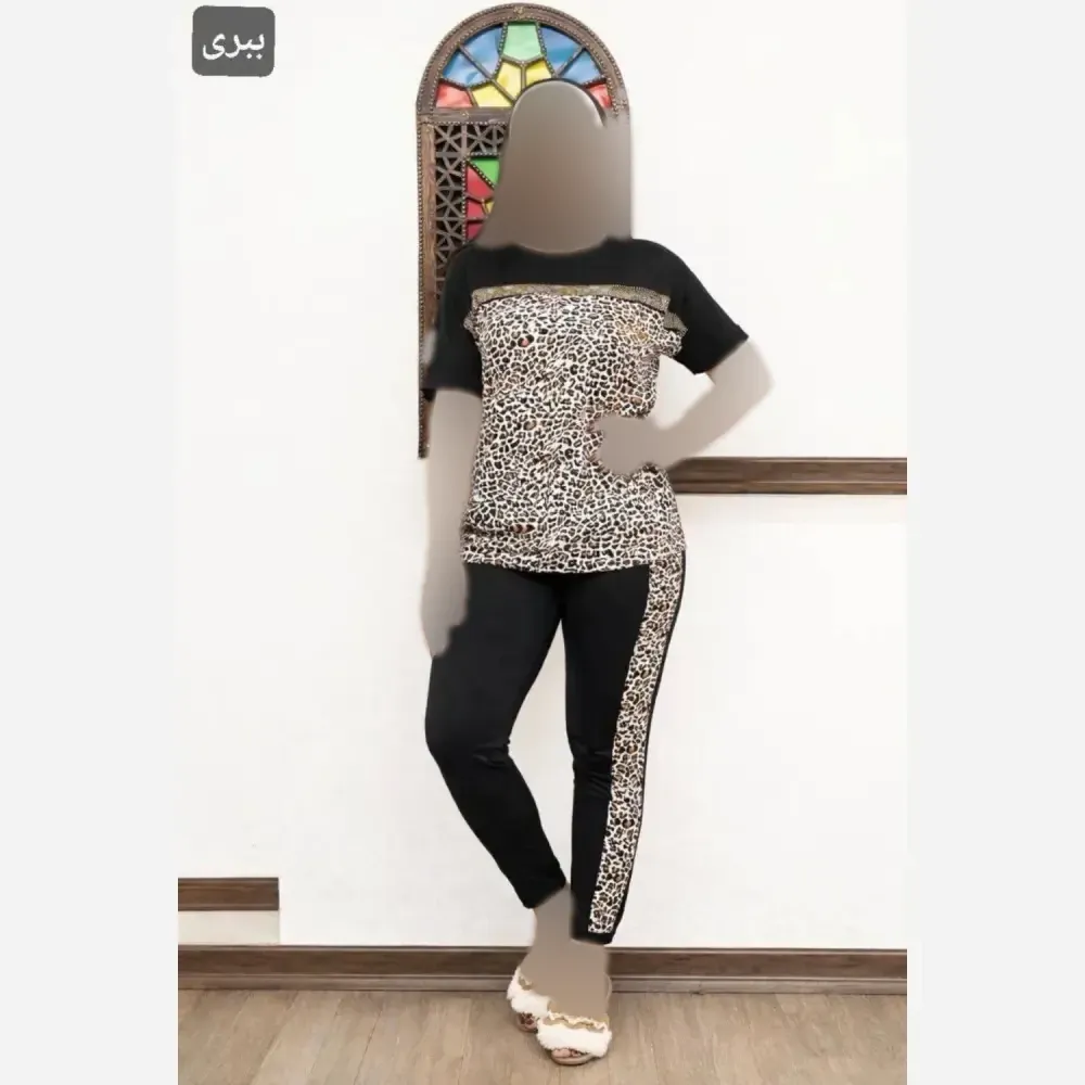 ست تیشرت و شلوار زنانه مدل زویا جنس فلامنت الیزه فول کش نگیندار فری سایز