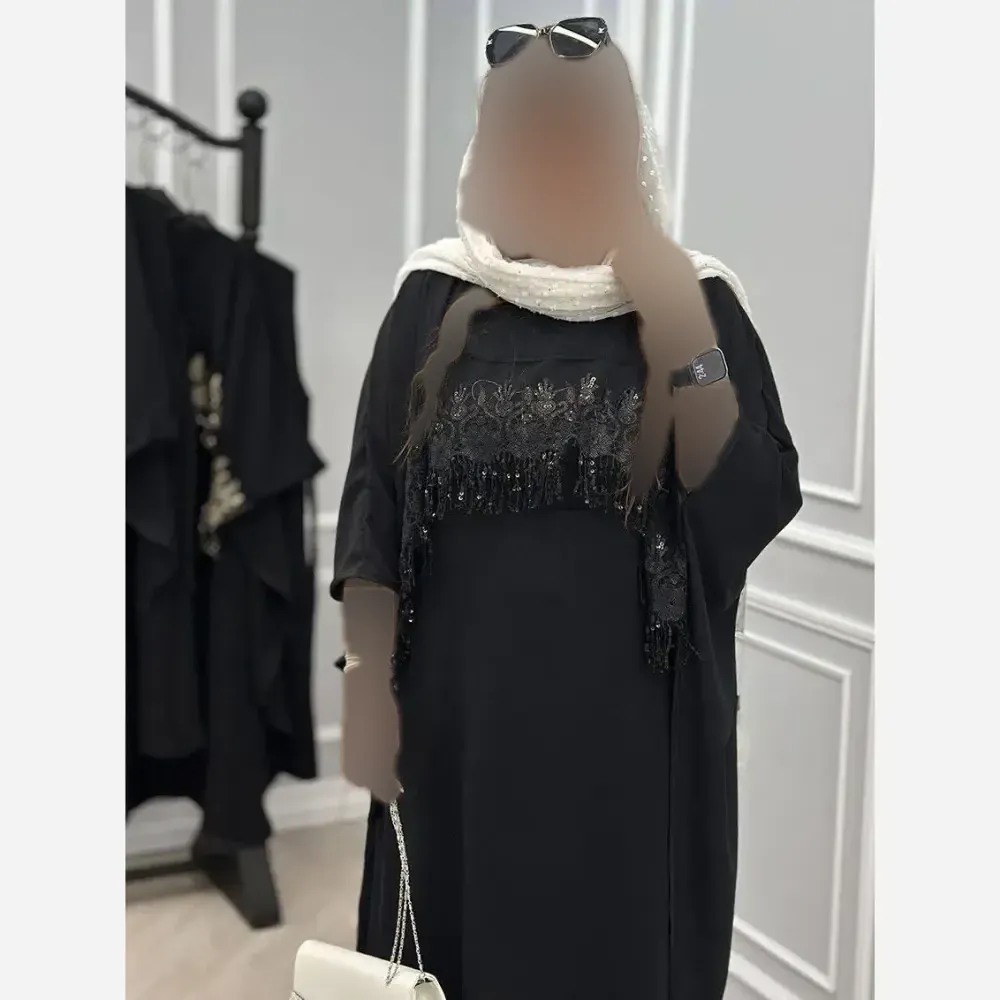 سارافون و رویه زنانه مجلسی ابروبادی مشکی با خرج کار گیپور پولک دوزی فری سایز