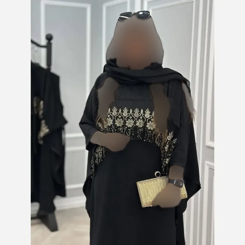سارافون و رویه زنانه مجلسی ابروبادی مشکی با خرج کار گیپور پولک دوزی فری سایز