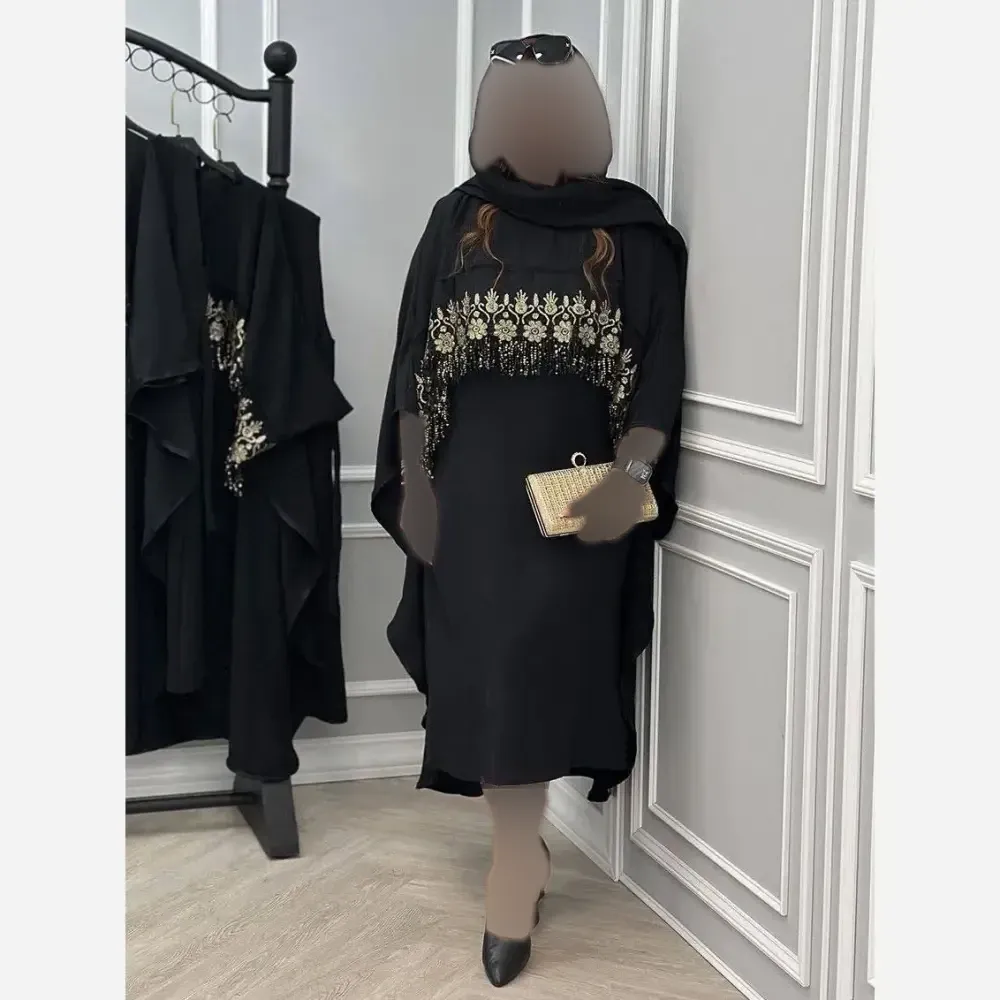 سارافون و رویه زنانه مجلسی ابروبادی مشکی با خرج کار گیپور پولک دوزی فری سایز