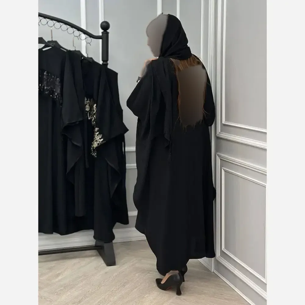 سارافون و رویه زنانه مجلسی ابروبادی مشکی با خرج کار گیپور پولک دوزی فری سایز