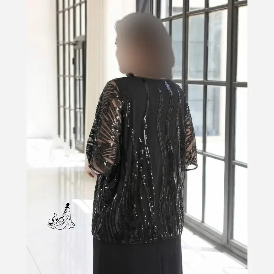 پیراهن ماکسی زنانه سایز بزرگ مدل پریا جنس کرپ و حریر پولکدوزی مشکی سایز 48 تا 56