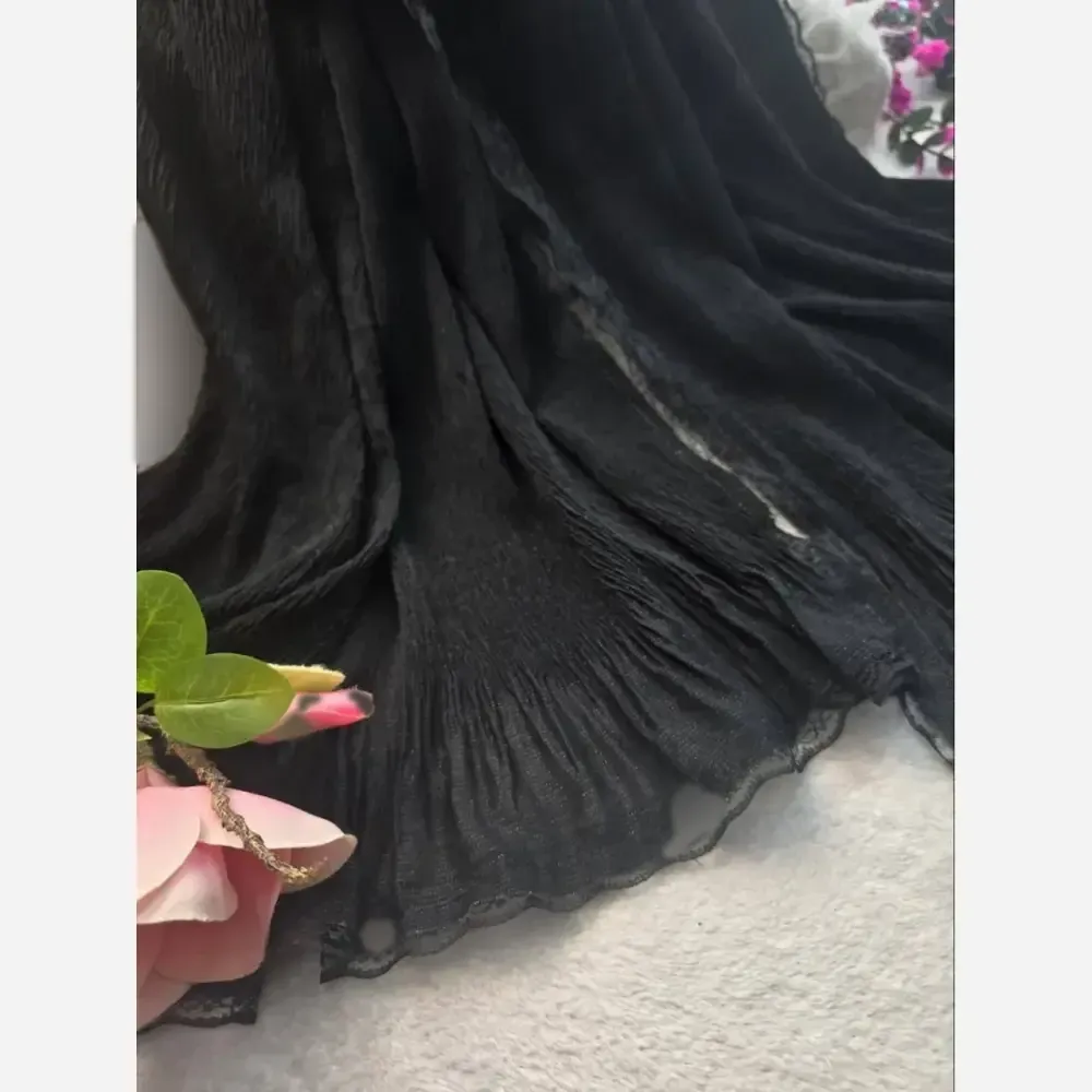شال مجلسی زنانه طرح درختی دور دانتلی و لب نگین دار سایز 70 در 180 سانتی متر