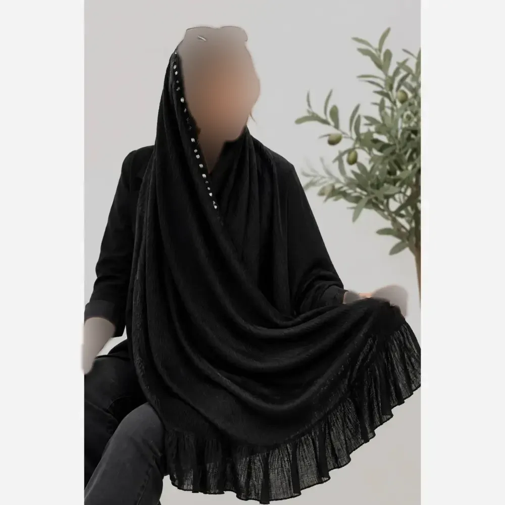 شال مجلسی زنانه طرح درختی دور دانتلی و لب نگین دار سایز 70 در 180 سانتی متر