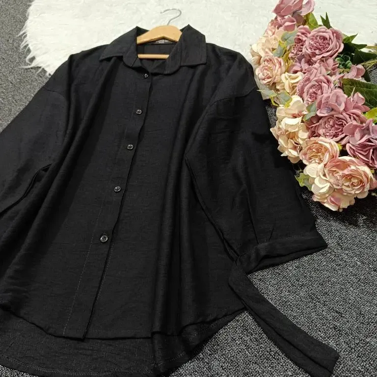 شومیز مانتویی مشکی مدل مچ گره ای جنس کرسپو فری سایز 38 تا 48