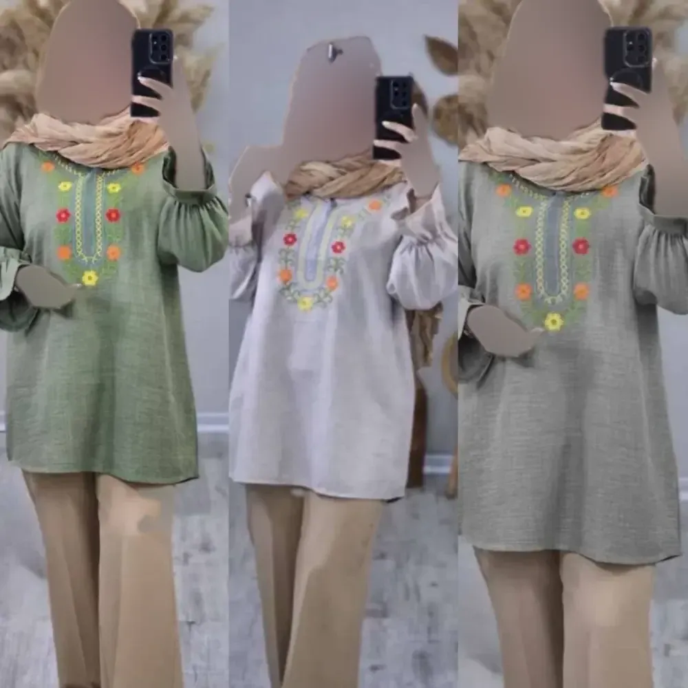 تونیک زنانه نورا جنس شانتون گلدوزی شده فری سایز با مچ عروسکی