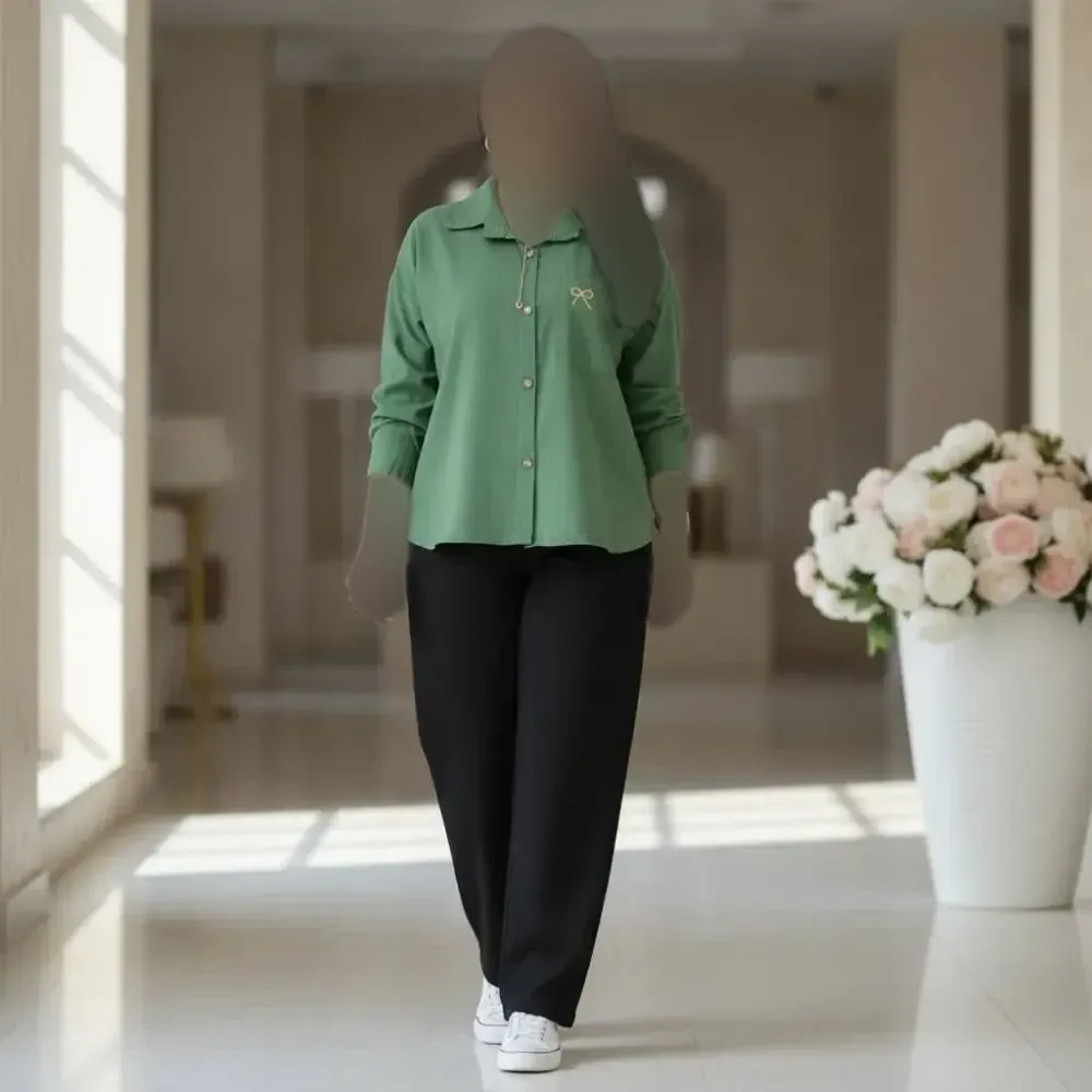 شومیز لنین پاپیون زنانه فری سایز با جیب گلدوزی شده