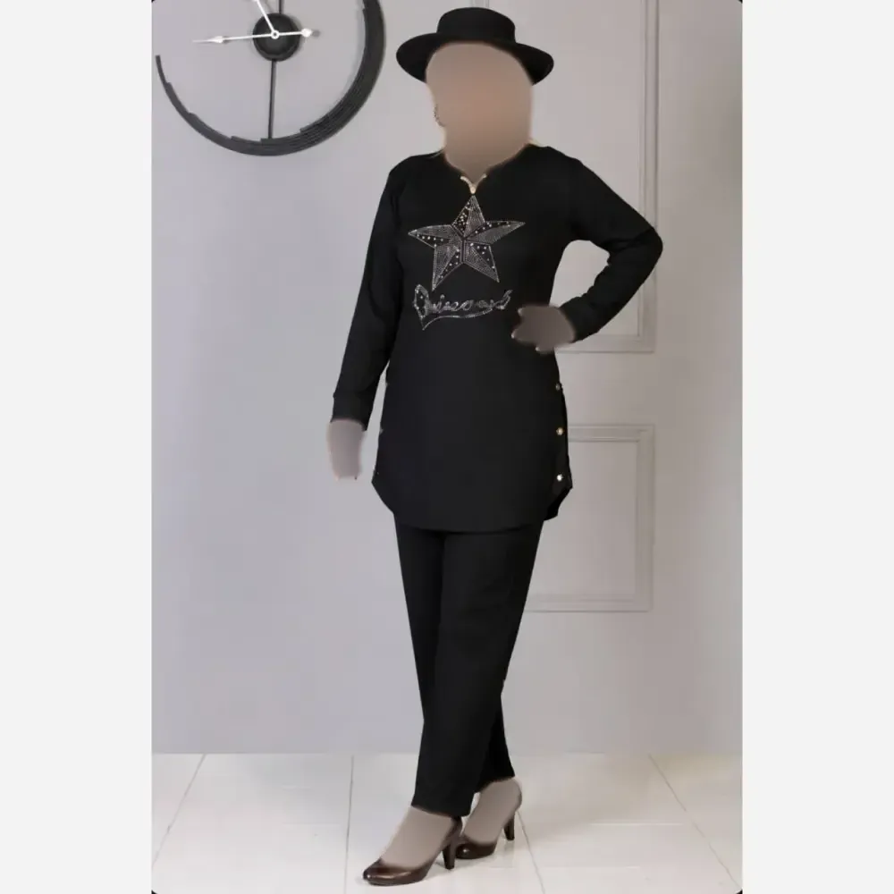 ست زنانه مجلسی جنس کریشه درجه یک رنگ مشکی فری سایز 36 تا 46