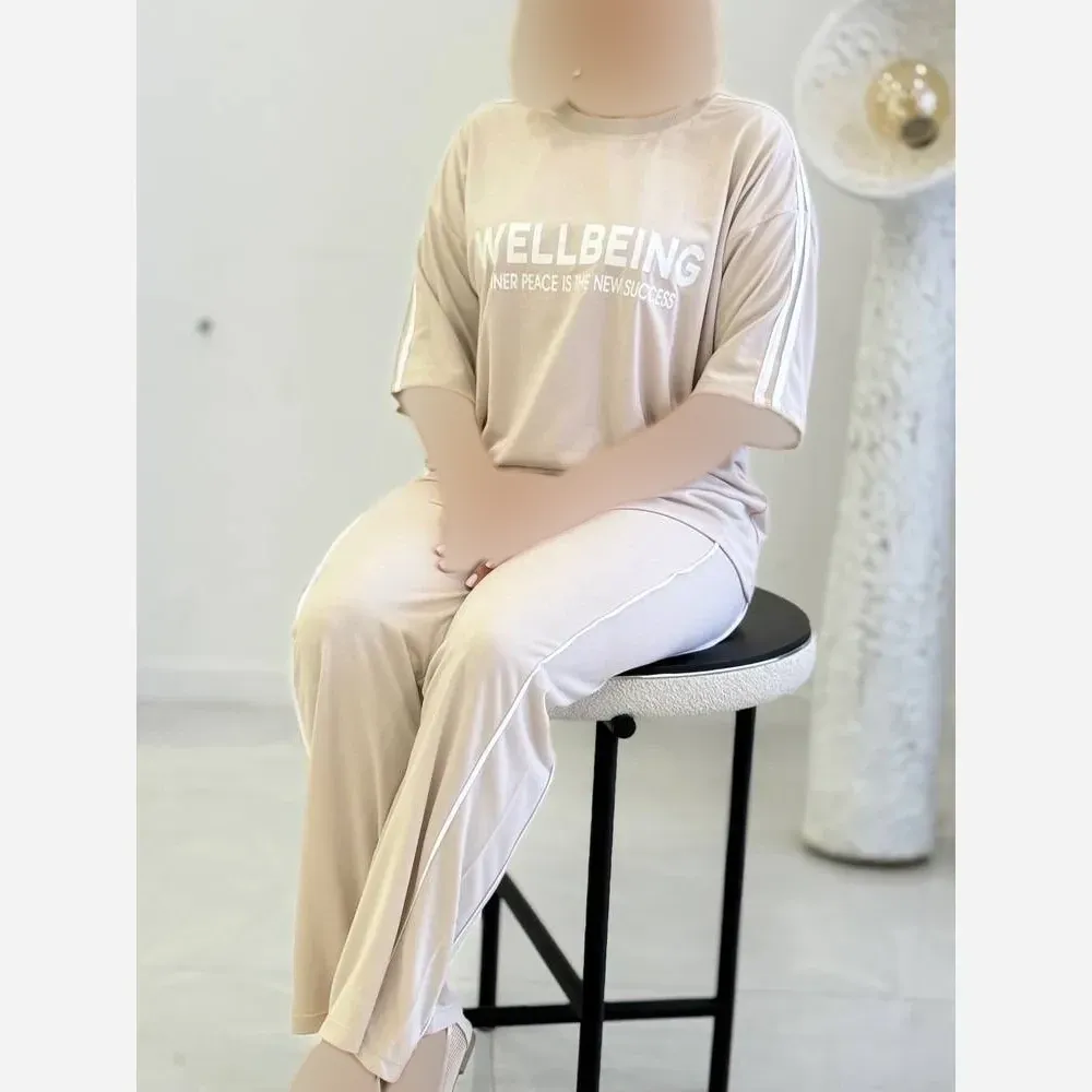 ست تیشرت و شلوار زنانه جنس پنبه گلکسی فری سایز 38 تا 48 مدل WELLBEING
