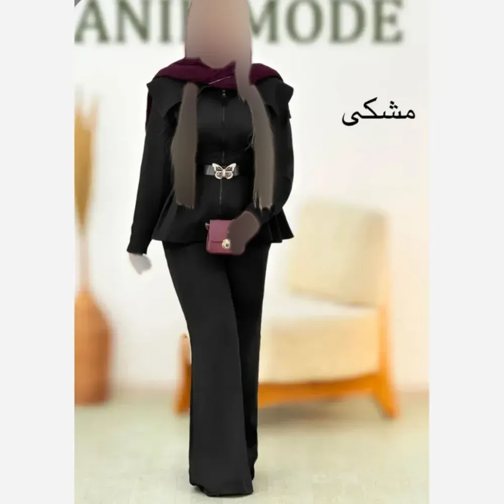 ست مانتو شلوار زنانه زیپ دار جنس مازراتی فری سایز تا 46 با کمربند
