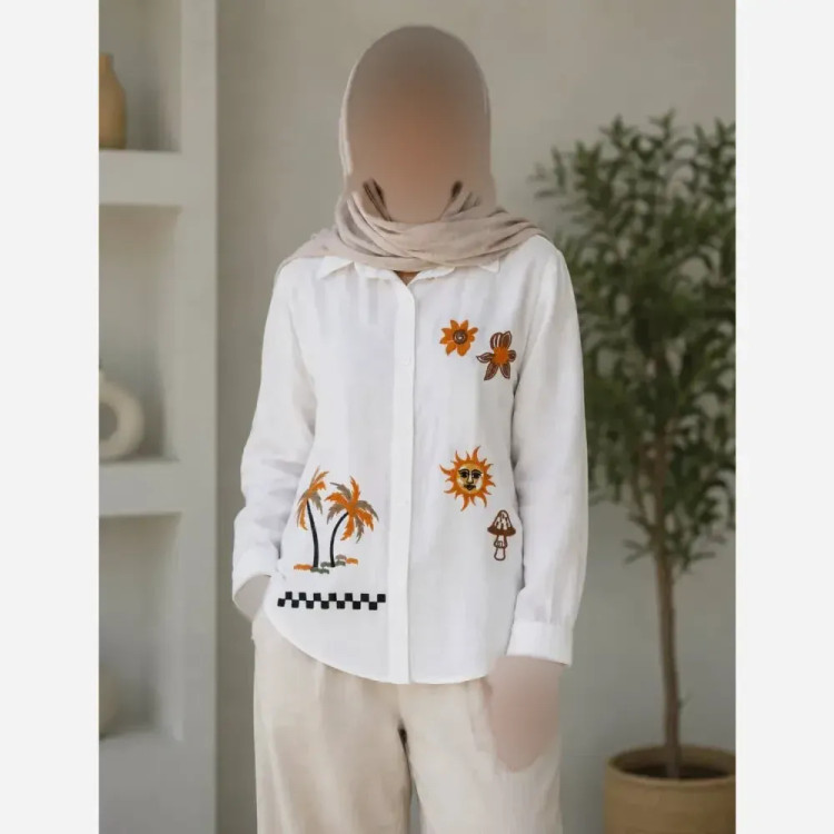 شومیز زنانه طرح نخل و خورشید گلدوزی شده جنس داکرون درجه یک