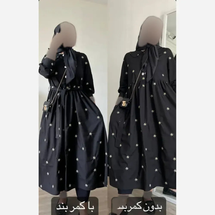 پیراهن زنانه مدل بابونه جنس کرپ فلور درجه یک فری سایز رنگ مشکی