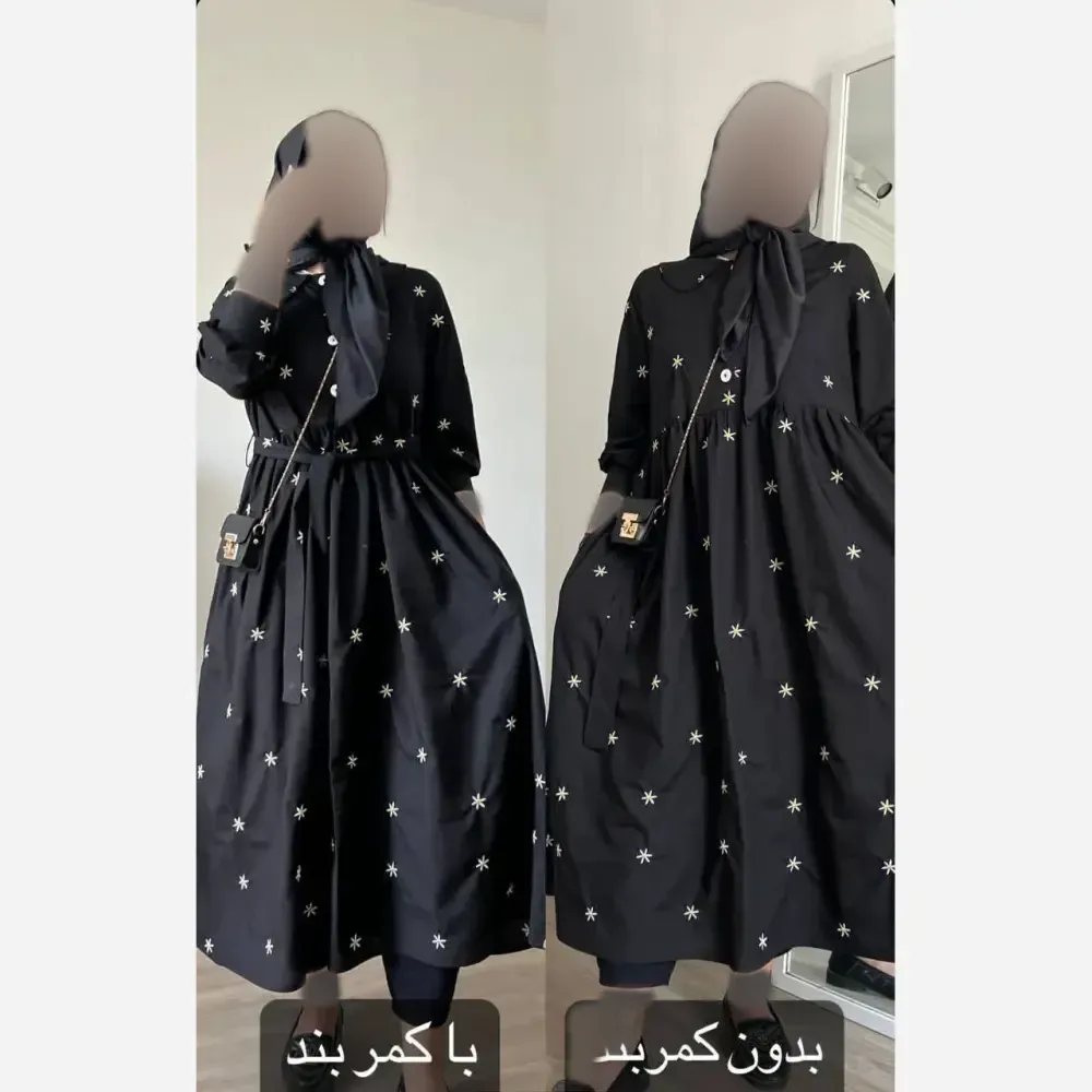 پیراهن زنانه مدل بابونه جنس کرپ فلور درجه یک فری سایز رنگ مشکی