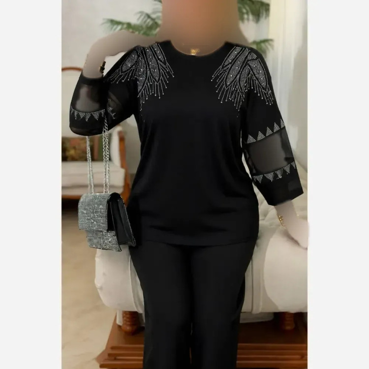 بلوز زنانه ویسکوز نگین دار مجلسی سایز بزرگ فری سایز 38 تا 48