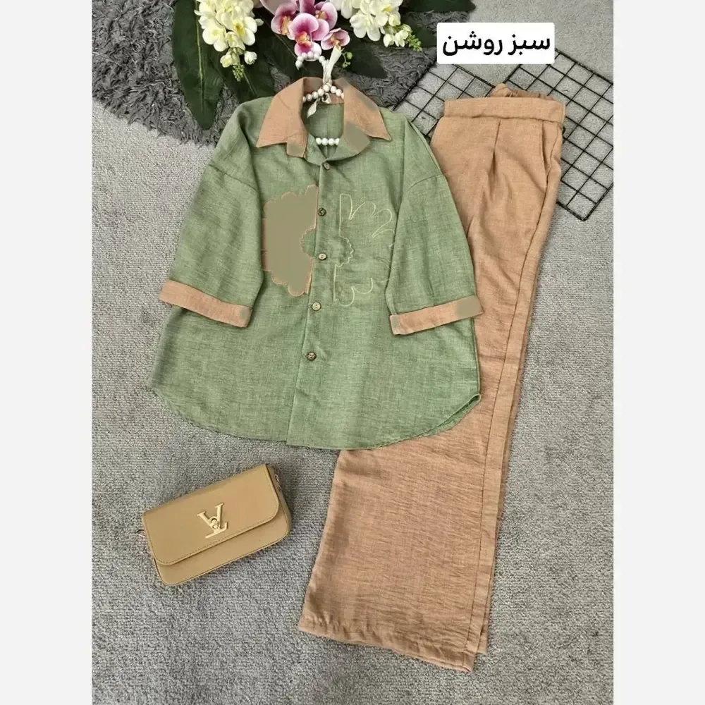 ست شومیز و شلوار زنانه مدل خورشید جنس شانتون سایز فری 38 تا 48