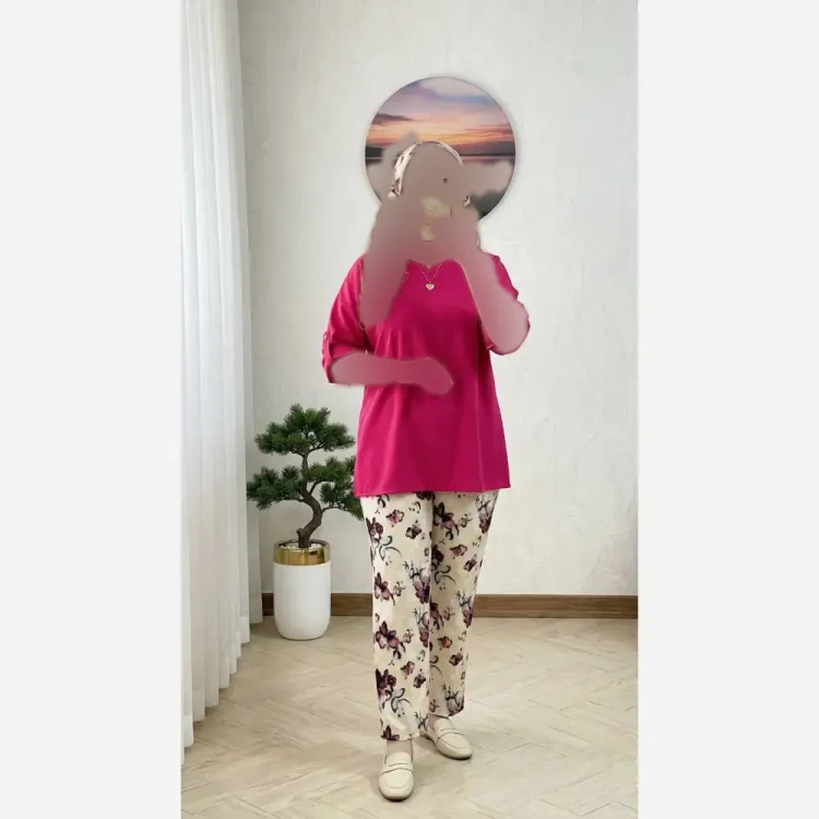 ست شومیز و شلوار زنانه جنس لنین پلاس و شانتون اسلپ فری سایز تا 48