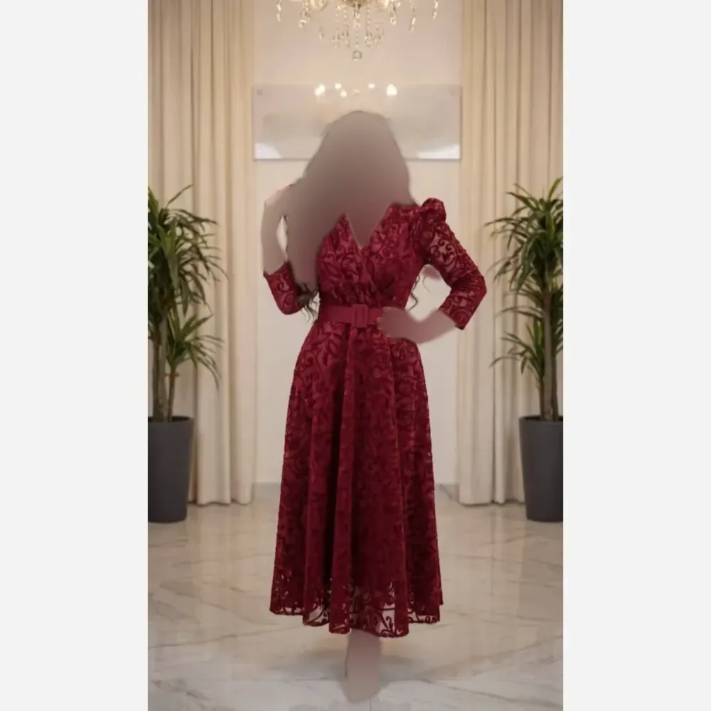 پیراهن مجلسی زنانه مدل دنیا جنس فلوک ارگانزا آستردار با کمربند قد 135