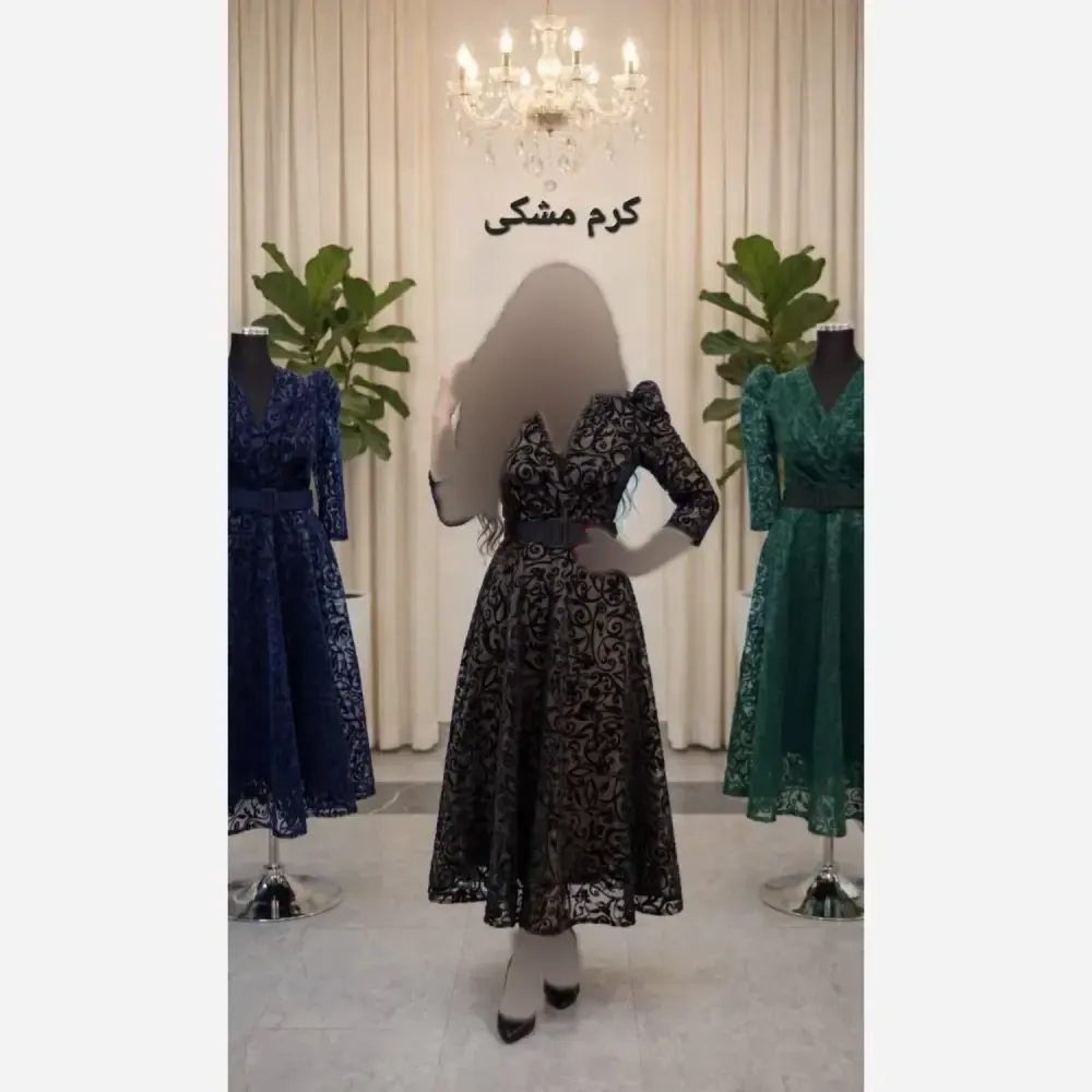 پیراهن مجلسی زنانه مدل دنیا جنس فلوک ارگانزا آستردار با کمربند قد 135