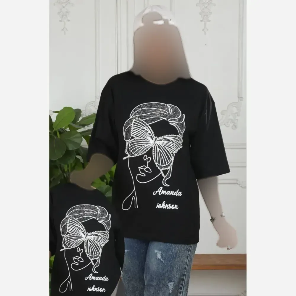 تیشرت زنانه نخی پنبه مشکی طرح چشم مروارید دوزی شده فری سایز تا 48 (2)